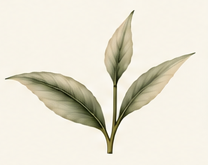 Leaf Passage botanical mark: two tea leaves and a bud
